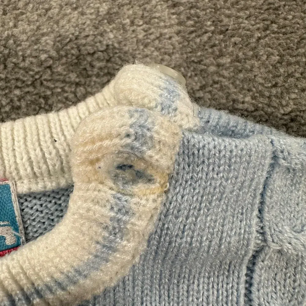 Small Steps Teddy Bear Sweater Baby Boy 3/6 Month Vintage Blue/White Knit Button